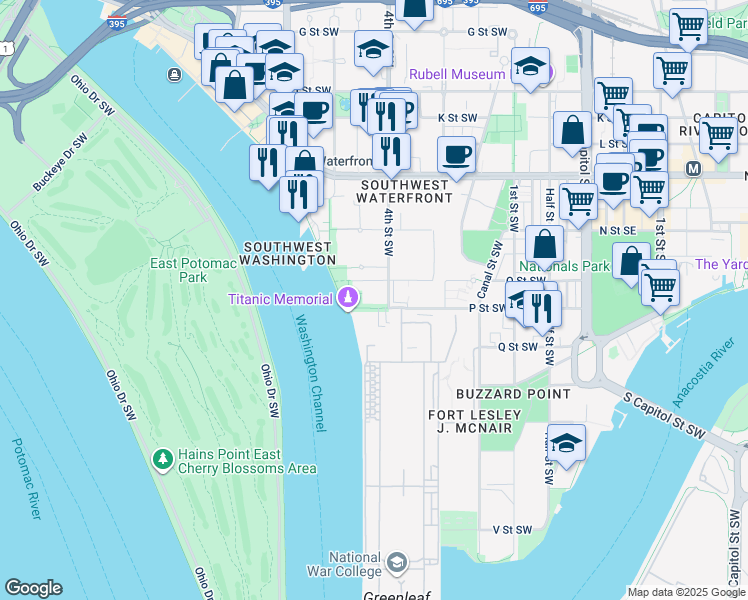map of restaurants, bars, coffee shops, grocery stores, and more near 1435 4th Street Southwest in Washington