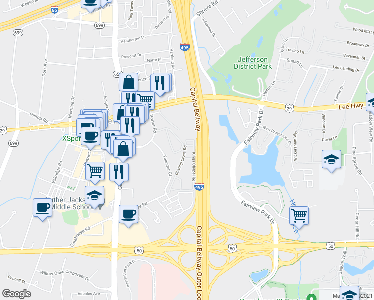 map of restaurants, bars, coffee shops, grocery stores, and more near 8004 Chanute Place in Falls Church