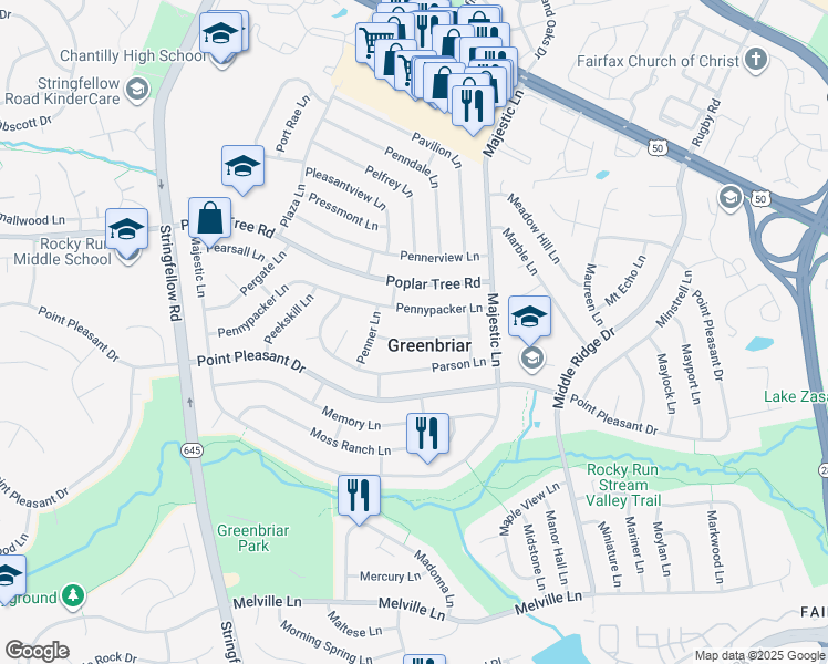 map of restaurants, bars, coffee shops, grocery stores, and more near 13112 Pebble Lane in Fairfax