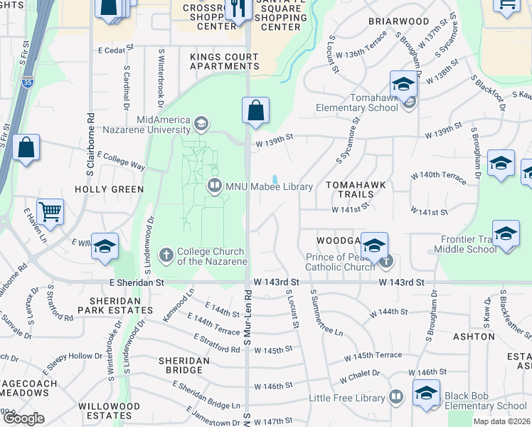 map of restaurants, bars, coffee shops, grocery stores, and more near 14201 South Mur-Len Road in Olathe