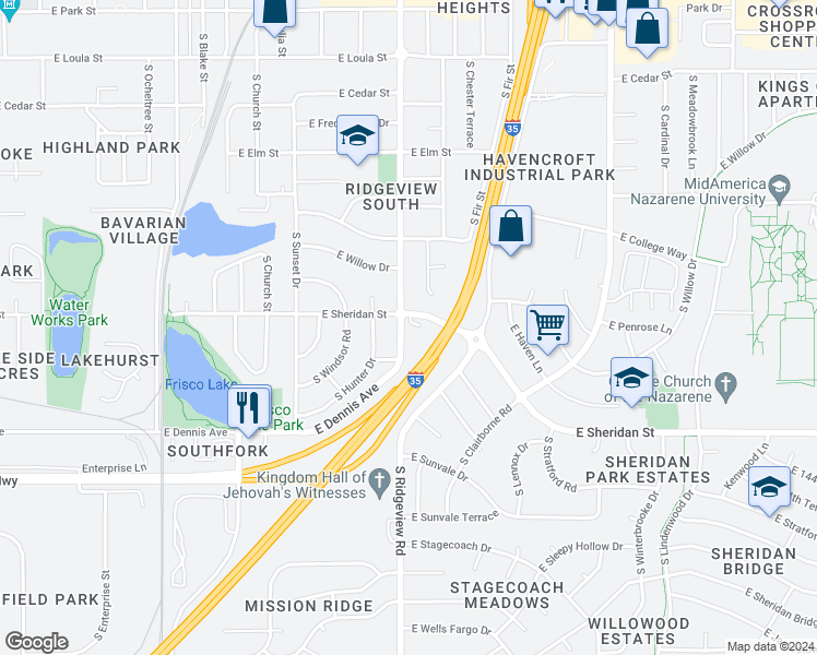 map of restaurants, bars, coffee shops, grocery stores, and more near 804 South Ridgeview Road in Olathe