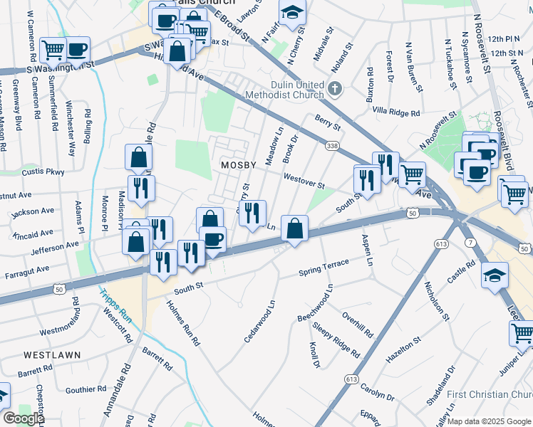 map of restaurants, bars, coffee shops, grocery stores, and more near 2918 Brook Drive in Falls Church