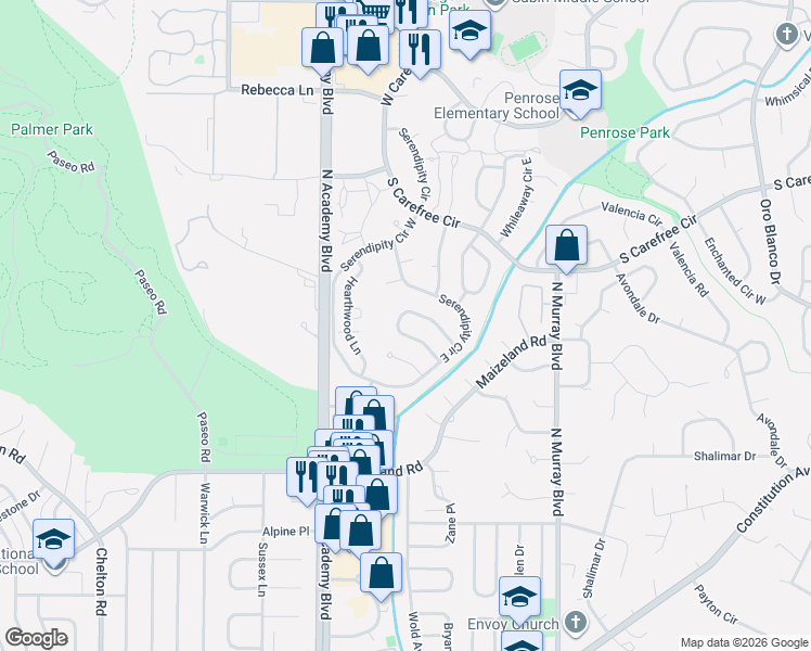 map of restaurants, bars, coffee shops, grocery stores, and more near 3812 Midsummer Lane North in Colorado Springs