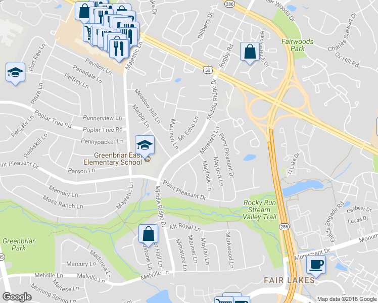 map of restaurants, bars, coffee shops, grocery stores, and more near 4123 Middle Ridge Drive in Fairfax