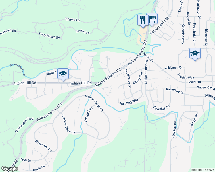 map of restaurants, bars, coffee shops, grocery stores, and more near 10913 Sluice Box Circle in Auburn