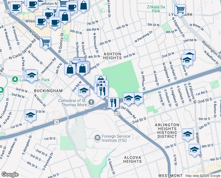 map of restaurants, bars, coffee shops, grocery stores, and more near 41 North Oakland Street in Arlington