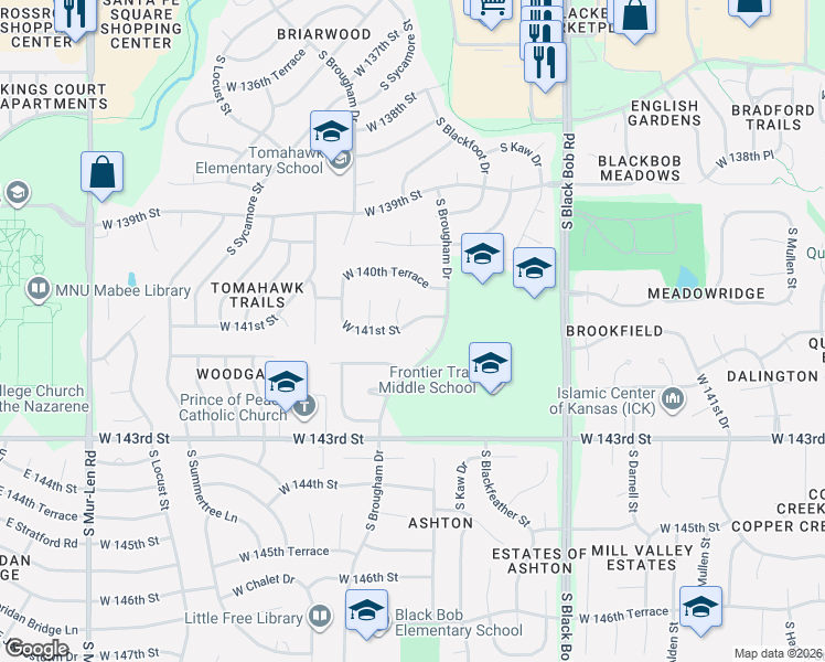 map of restaurants, bars, coffee shops, grocery stores, and more near 15537 West 141st Street in Olathe