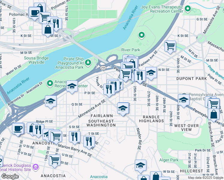 map of restaurants, bars, coffee shops, grocery stores, and more near 2201 Prout Street Southeast in Washington