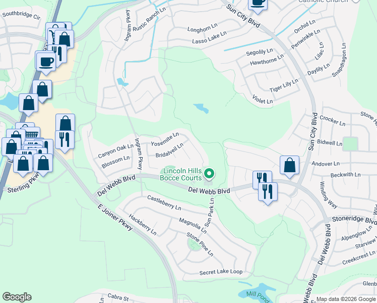 map of restaurants, bars, coffee shops, grocery stores, and more near 800 El Capitan Court in Lincoln