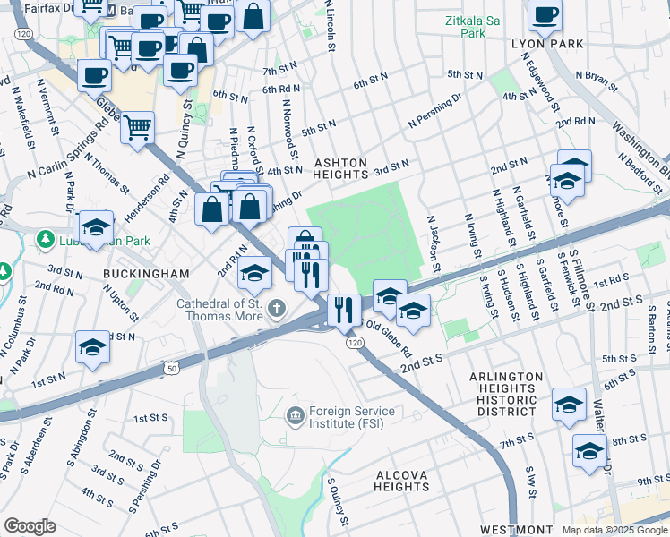 map of restaurants, bars, coffee shops, grocery stores, and more near 41 North Oakland Street in Arlington