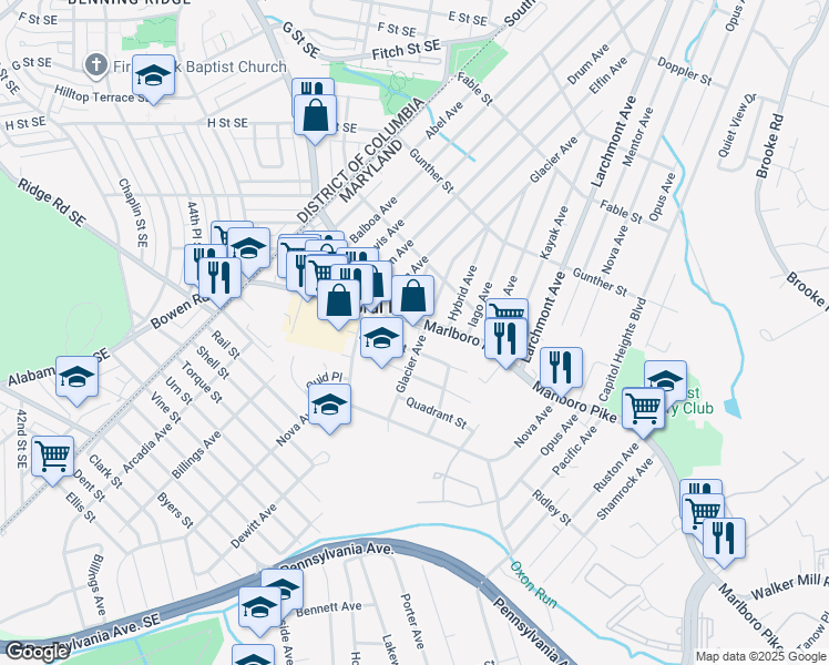 map of restaurants, bars, coffee shops, grocery stores, and more near 4867 Marlboro Pike in Capitol Heights