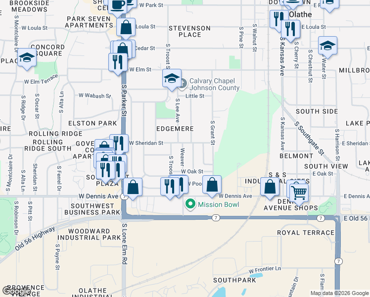 map of restaurants, bars, coffee shops, grocery stores, and more near 804 South Weaver Street in Olathe