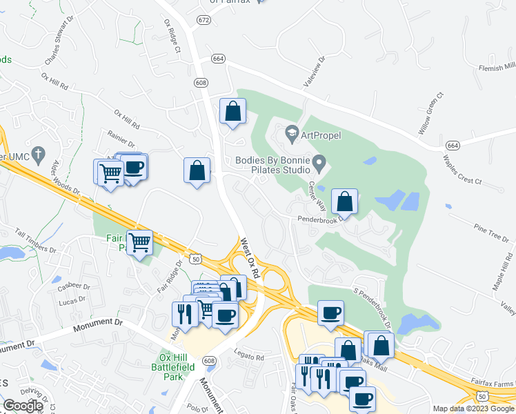 map of restaurants, bars, coffee shops, grocery stores, and more near 12150 Penderview Terrace in Fairfax