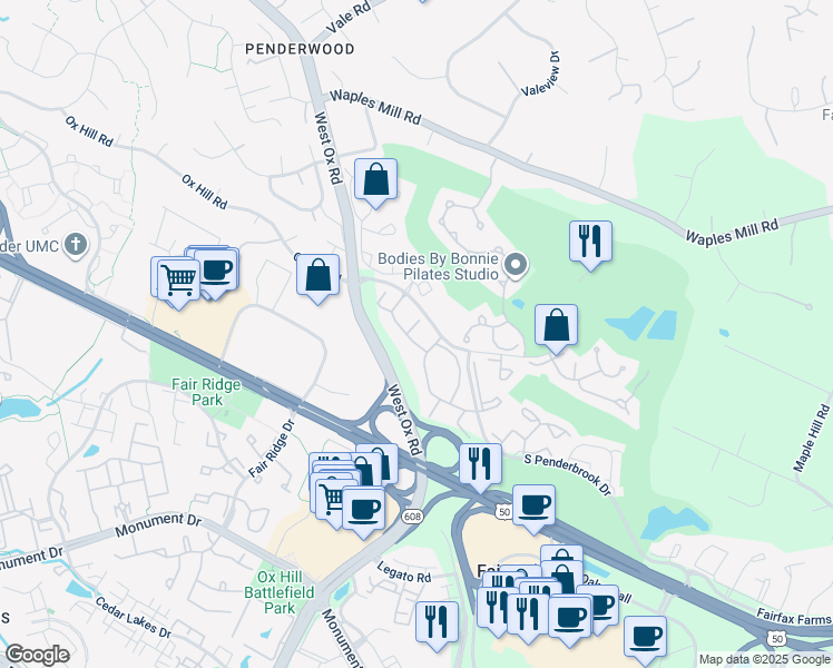 map of restaurants, bars, coffee shops, grocery stores, and more near 12150 Penderview Terrace in Fairfax