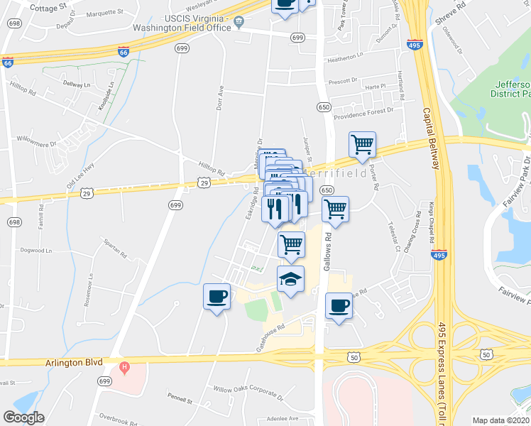 map of restaurants, bars, coffee shops, grocery stores, and more near 2917 Eskridge Road in Fairfax