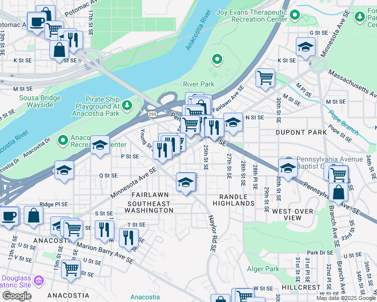 map of restaurants, bars, coffee shops, grocery stores, and more near 2311 Minnesota Avenue Southeast in Washington