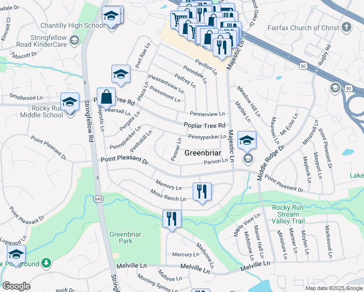 map of restaurants, bars, coffee shops, grocery stores, and more near 13126 Pebble Lane in Fairfax