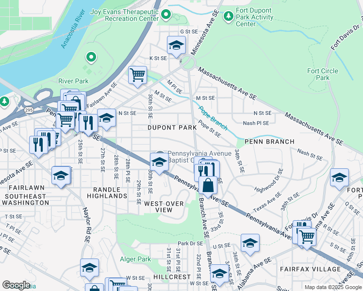 map of restaurants, bars, coffee shops, grocery stores, and more near 3123 O Street Southeast in Washington