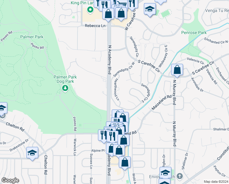 map of restaurants, bars, coffee shops, grocery stores, and more near 2724 Serendipity Circle West in Colorado Springs