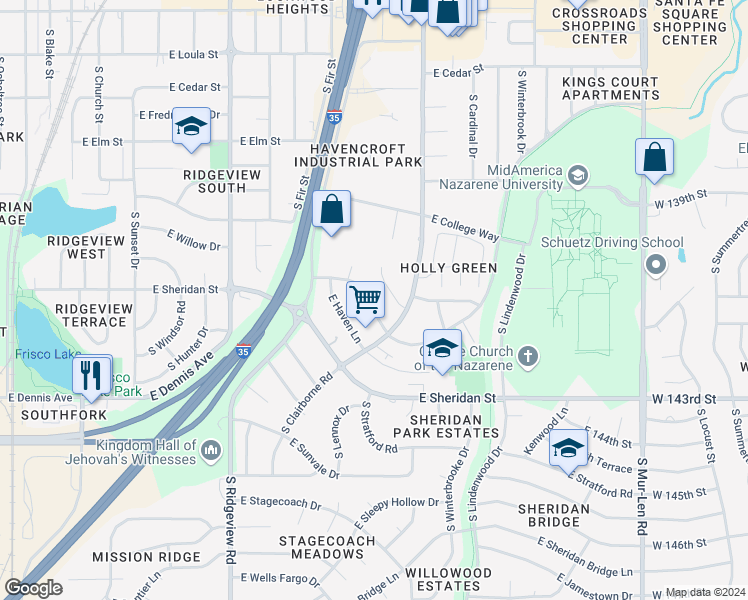 map of restaurants, bars, coffee shops, grocery stores, and more near 1434 East Willow Drive in Olathe