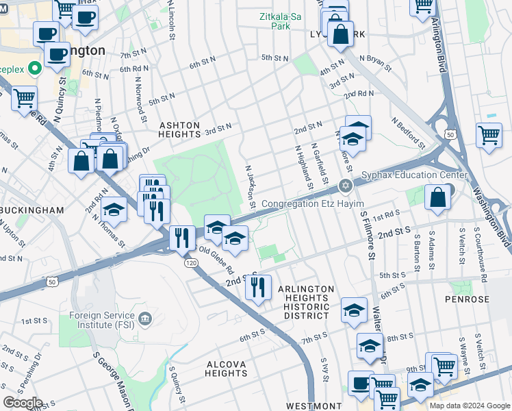 map of restaurants, bars, coffee shops, grocery stores, and more near 3237 Arlington Boulevard in Arlington