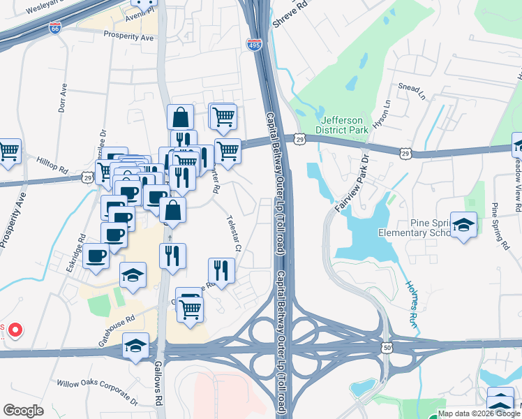 map of restaurants, bars, coffee shops, grocery stores, and more near 8004 Chanute Place in Falls Church