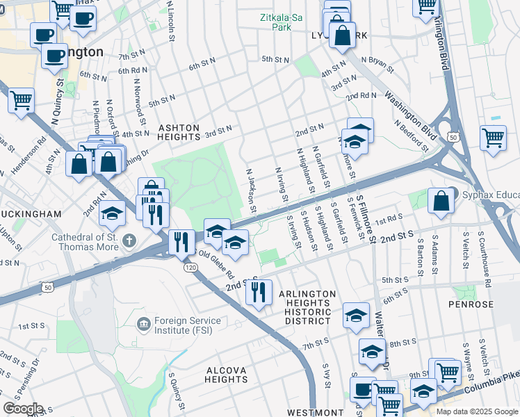 map of restaurants, bars, coffee shops, grocery stores, and more near 3233 Arlington Boulevard in Arlington