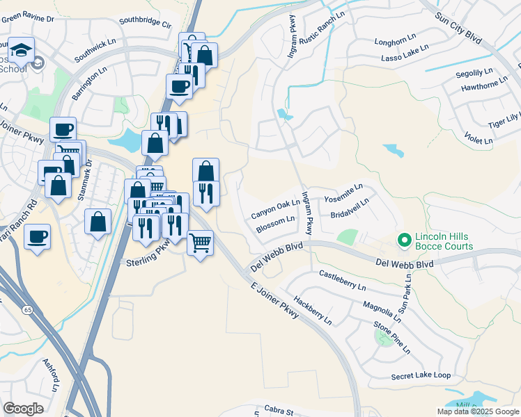 map of restaurants, bars, coffee shops, grocery stores, and more near 658 Canyon Oak Lane in Lincoln
