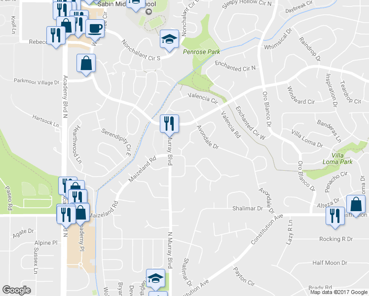 map of restaurants, bars, coffee shops, grocery stores, and more near 4325 Winding Circle in Colorado Springs