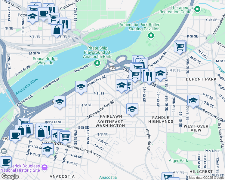 map of restaurants, bars, coffee shops, grocery stores, and more near 2125 Young Street Southeast in Washington