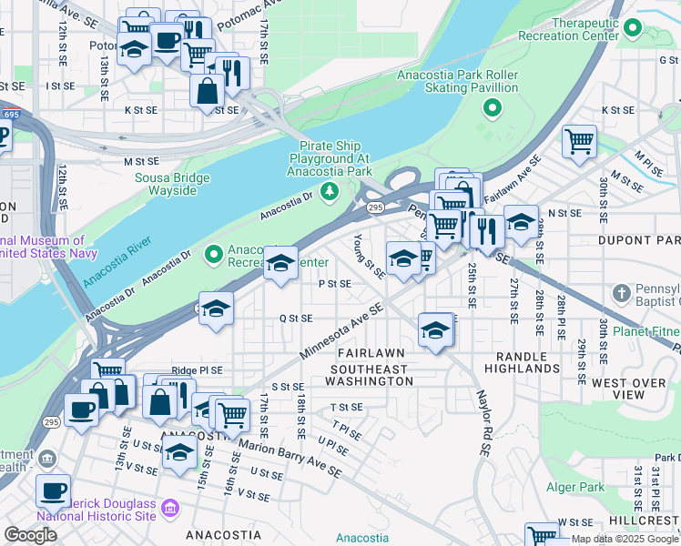 map of restaurants, bars, coffee shops, grocery stores, and more near 1416 19th Street Southeast in Washington
