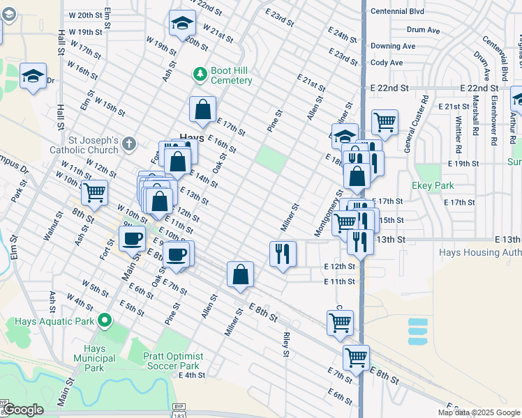map of restaurants, bars, coffee shops, grocery stores, and more near 1400 Allen Street in Hays
