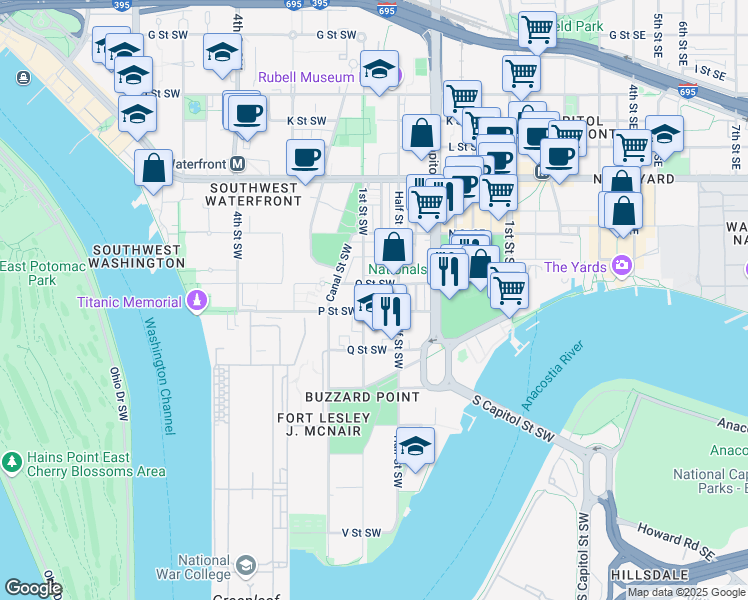 map of restaurants, bars, coffee shops, grocery stores, and more near 45-49 P Street Southwest in Washington