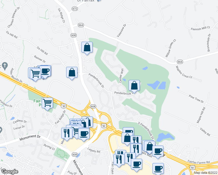 map of restaurants, bars, coffee shops, grocery stores, and more near 12020 Golf Ridge Court in Fairfax