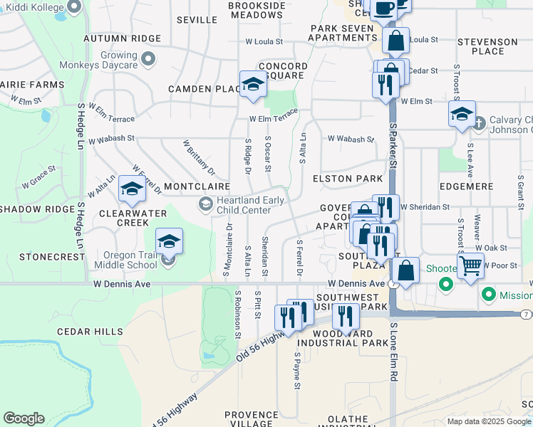 map of restaurants, bars, coffee shops, grocery stores, and more near 1421 West Alta Lane in Olathe