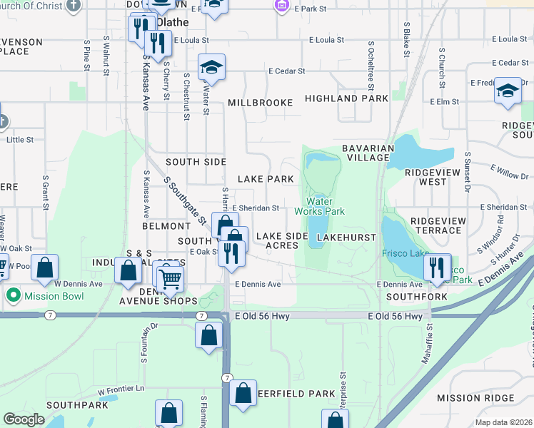 map of restaurants, bars, coffee shops, grocery stores, and more near 511 East Sheridan Street in Olathe