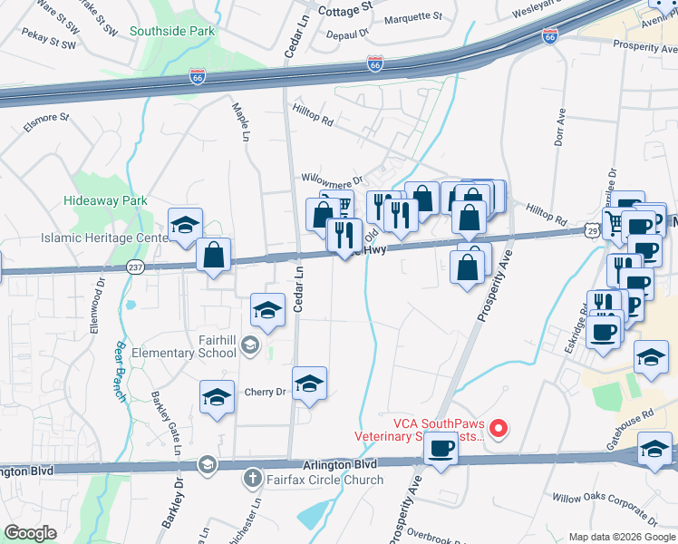 map of restaurants, bars, coffee shops, grocery stores, and more near 2915 Fairhill Road in Fairfax