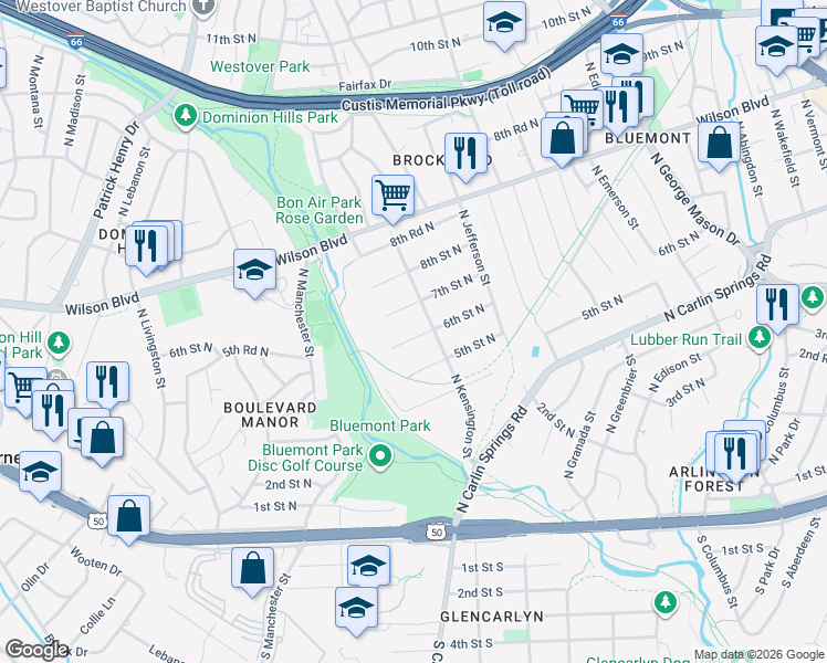 map of restaurants, bars, coffee shops, grocery stores, and more near 5717 6th Street North in Arlington