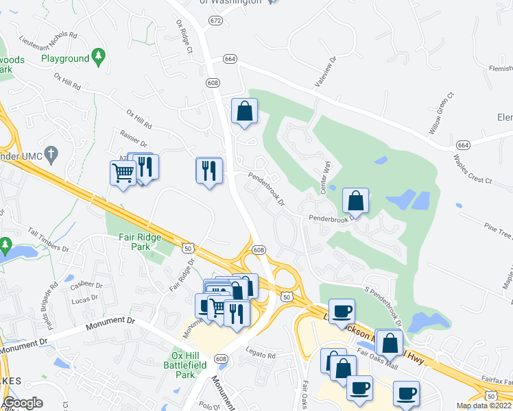 map of restaurants, bars, coffee shops, grocery stores, and more near 12157 Penderview Terrace in Fairfax