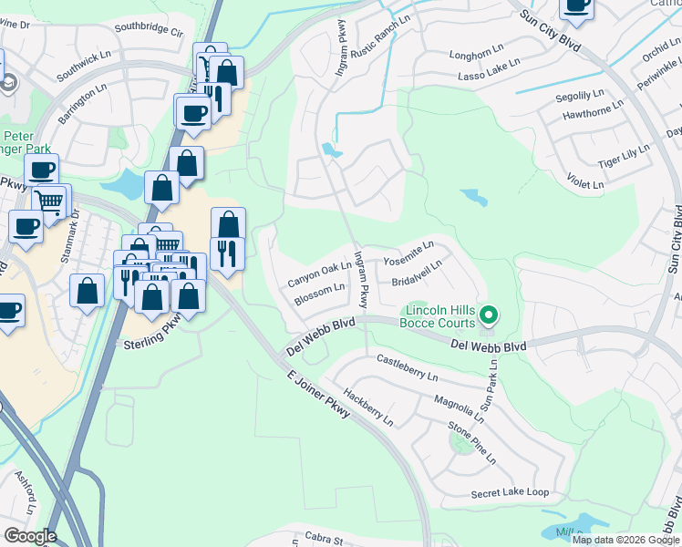 map of restaurants, bars, coffee shops, grocery stores, and more near 755 Canyon Oak Ln in Lincoln