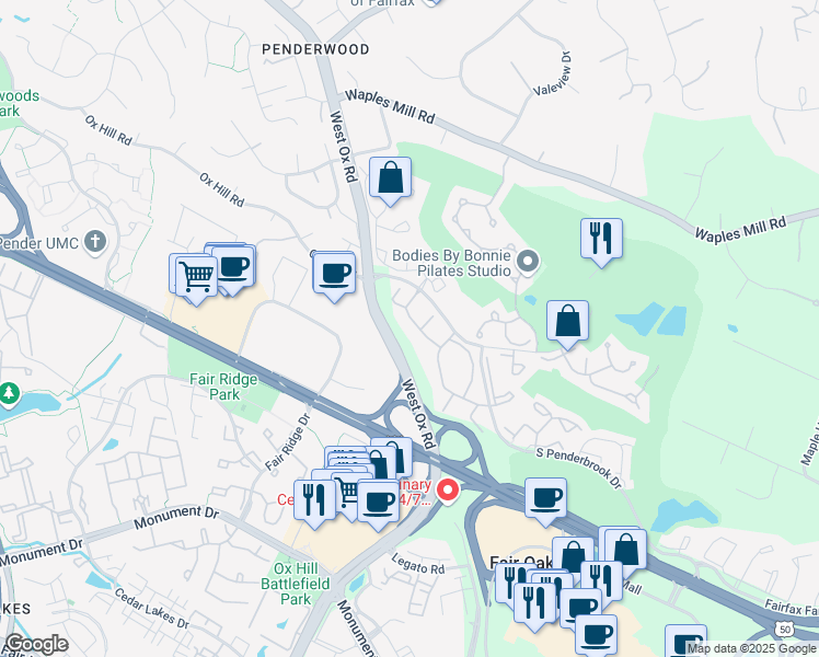 map of restaurants, bars, coffee shops, grocery stores, and more near 12155 Penderview Terrace in Fairfax
