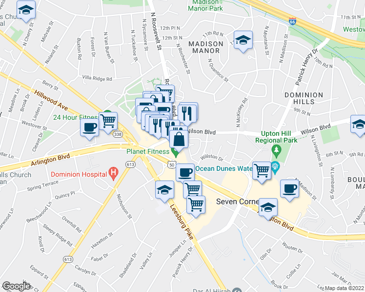 map of restaurants, bars, coffee shops, grocery stores, and more near 2908 Willston Place in Falls Church