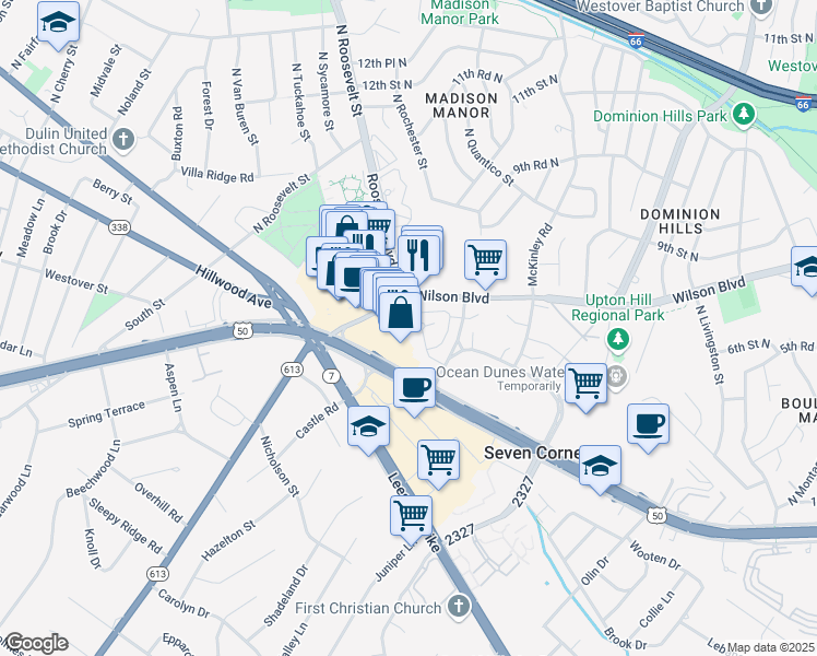 map of restaurants, bars, coffee shops, grocery stores, and more near 2908 Willston Place in Falls Church