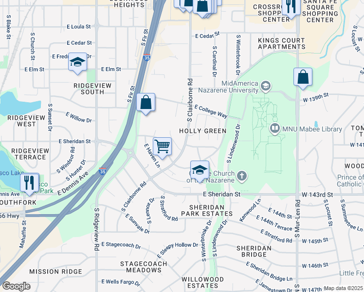 map of restaurants, bars, coffee shops, grocery stores, and more near 1438 East Penrose Lane in Olathe