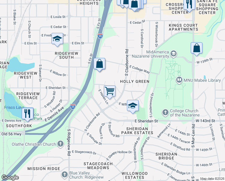 map of restaurants, bars, coffee shops, grocery stores, and more near 1434 East Willow Drive in Olathe