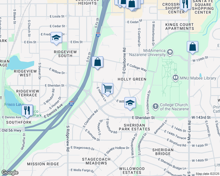 map of restaurants, bars, coffee shops, grocery stores, and more near 1434 East Willow Drive in Olathe