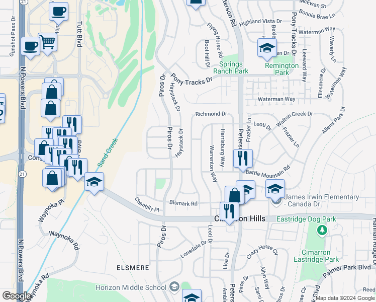 map of restaurants, bars, coffee shops, grocery stores, and more near 2880 Richmond Drive in Colorado Springs