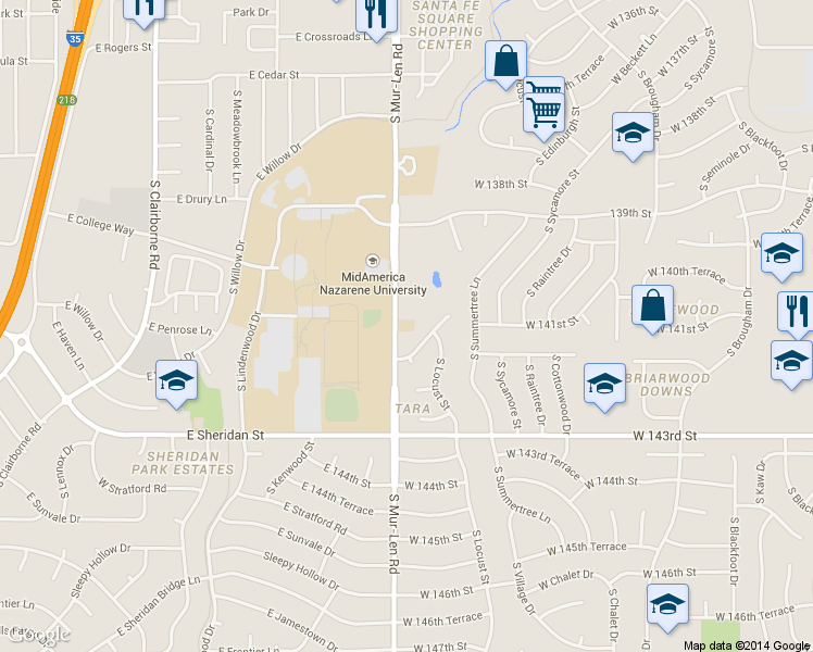 map of restaurants, bars, coffee shops, grocery stores, and more near 14201 S Mur-Len Rd in Olathe