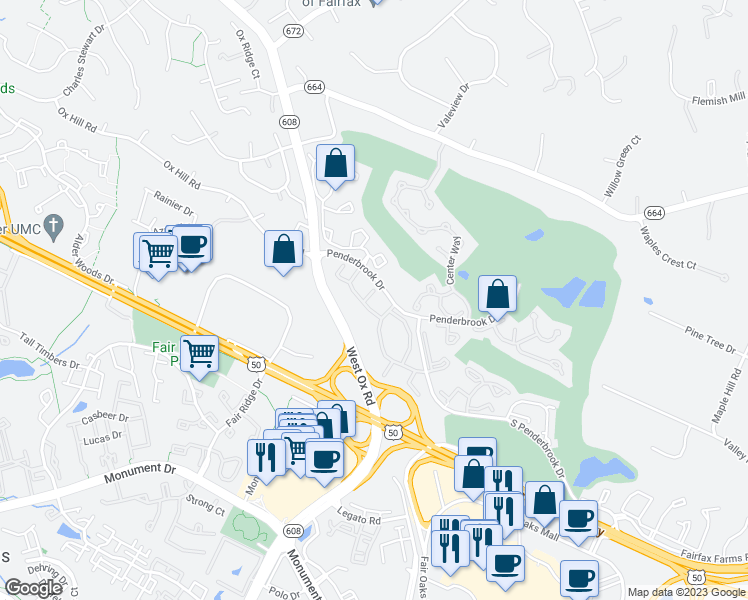 map of restaurants, bars, coffee shops, grocery stores, and more near 12152 Penderview Terrace in Fairfax