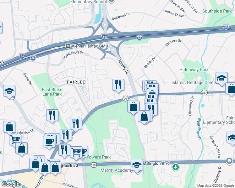 map of restaurants, bars, coffee shops, grocery stores, and more near 9300 Lee Highway in Fairfax